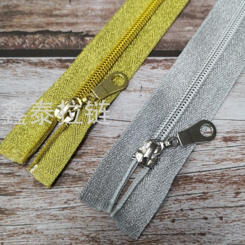 spot sample-no. 5 nylon gold and silver cloth zipper opening decorative head