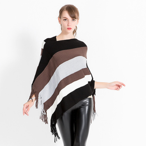 Autumn and Winter New Knitted Pullover Cloak Shawl Women‘s Fashion Striped European and American Foreign Trade Women‘s Scarf Cloak Poncho