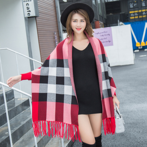 autumn and winter plaid with sleeves shawl long tassel creative bat cape cloak wholesale warm knitted shawl for women