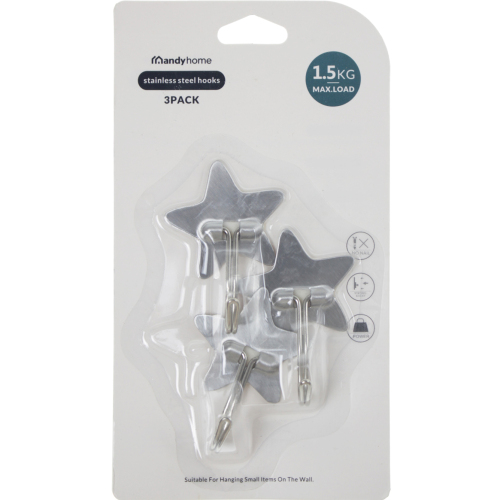 [Mandi Home] Stainless Steel Five-Pointed Star Hanging Bathroom Kitchen Hook Sticky Hook Strong Load-Bearing Punch-Free