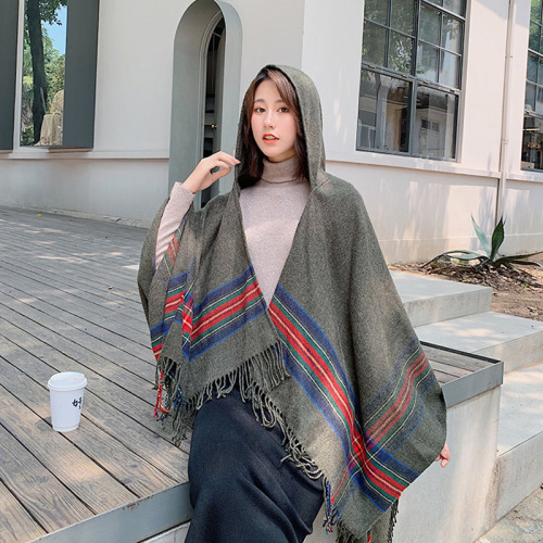 Products in Stock New Plaid Stripe Warm Thicken and Lengthen Shawl Cape Autumn and Winter Outer Scarf Women‘s All-Match Cloak