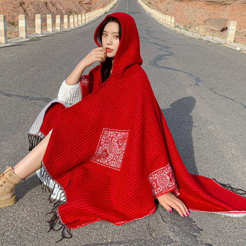 Autumn and Winter Split Shawl Tibet Travel Warm Scarf Cloak Hooded Thickened Summer Air-Conditioned Room Cloak Ladies