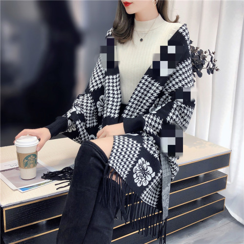 European and American Foreign Trade Jacquard Blended Cloak Cloak autumn and Winter Warm Thickened Knitted Shawl Long Sleeve Double-Sided Cardigan Cloak 