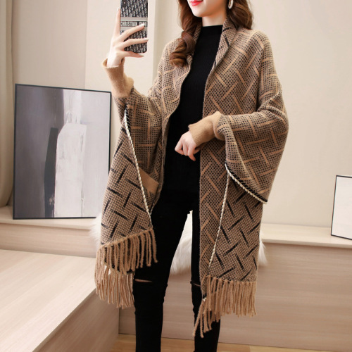 Autumn and Winter New Women‘s Knitted Coat Faux Mink Velvet Tassel Shawl Women‘s Mid-Length Batwing Sleeve cloak Cardigan Foreign Trade