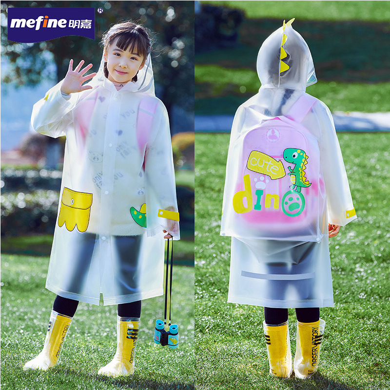 Thickened Transparent Brim Schoolbag Children Outdoor Transparent Raincoat Cute Dinosaur Cartoon Ref