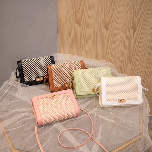 Women's bag女包网格锁扣撞色小方包时尚手机包small bag