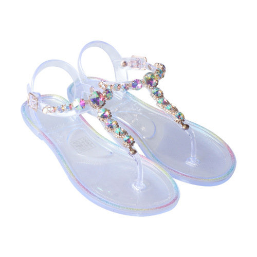 summer simple colored diamond jelly fashion sandals pvc women‘s flat outdoor leisure beach transparent crystal sandals