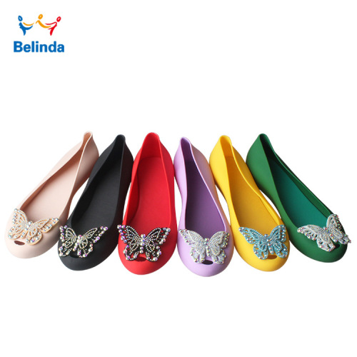 2020 Summer Colorful Crystals Cloth Butterfly Fashion Comfortable Flat Low-Cut Leisure Jelly Pumps PVC Peep Toe Women‘s Shoes
