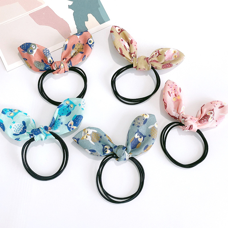 Korean Cute Girl Headdress Owl Cartoon Bow Hair Rope Rabbit Ears Hair Ring Hair Rope Elastic Rubber