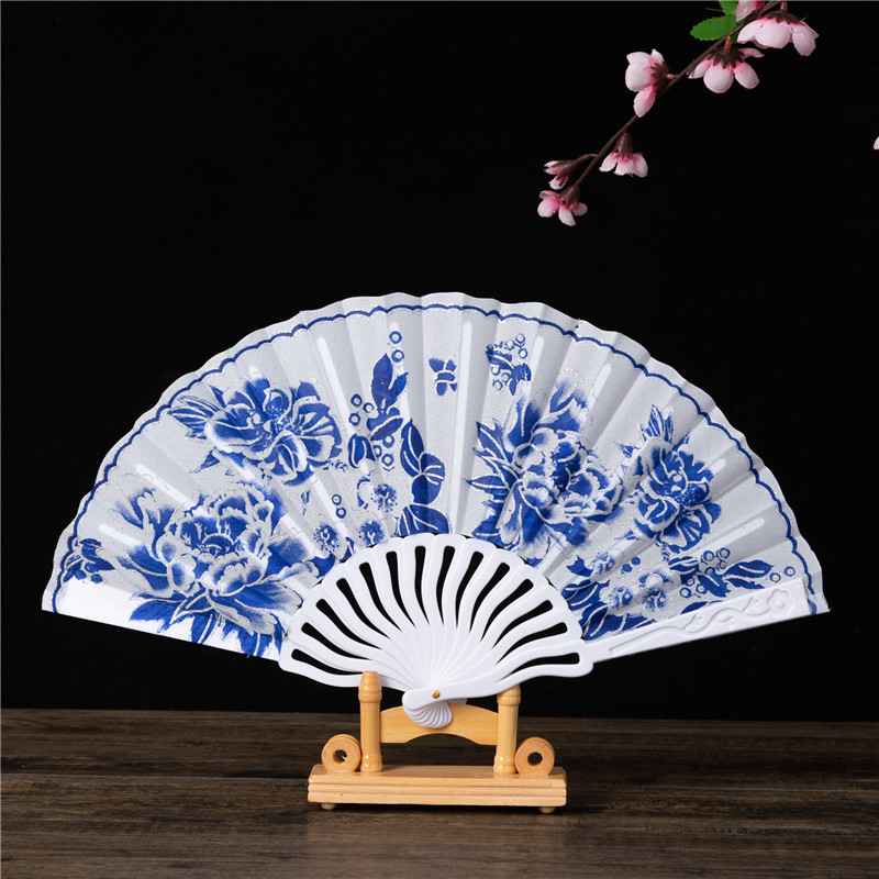 中国风青花瓷扇龙骨扇烫金粉扇绸布扇舞蹈扇婚礼扇女士折扇