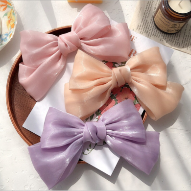 周杨青同款蝴蝶结发夹超仙人鱼姬珠光缎面女生后脑勺弹簧夹头饰品