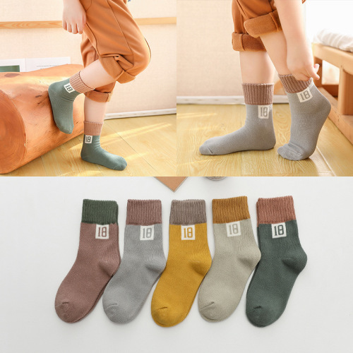 [five pairs] new autumn and winter boys‘ color matching socks color matching digital mid-calf length socks factory direct sales