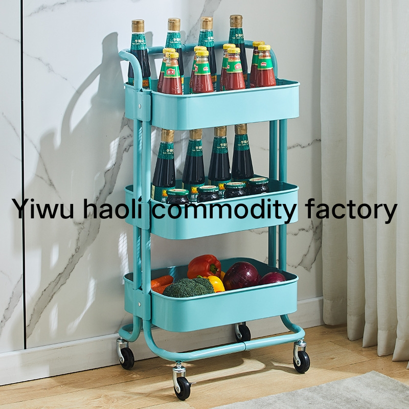 hot sell three layer moving trolley supporter kitchen Storage Rack Bedroom Baby Storage Rack Movable with Wheels Trolley