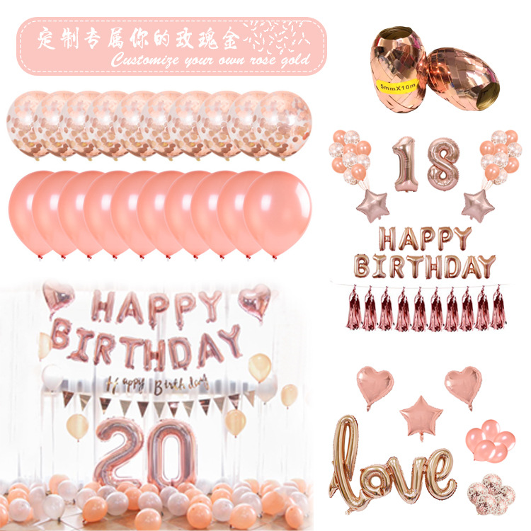 Cross-Border Hot Selling Rose Gold Birthday Set Aluminum Foil Balloon Rose Gold Sequined Latex Ball
