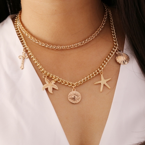 europe and america cross border ornament geometric metal clavicle chain eye starfish scallop cross vintage women‘s necklace n671