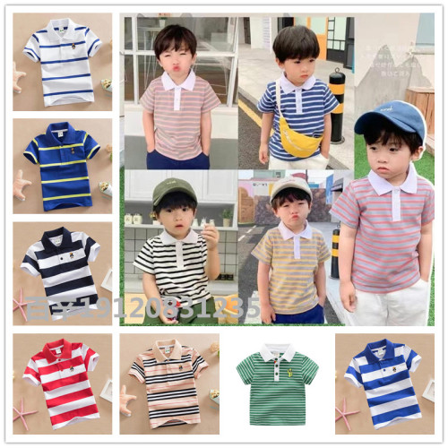 boy‘s short-sleeved t-shirt summer 2024 summer new striped polo shirt cartoon children‘s lapel short sleeve shirt fashion