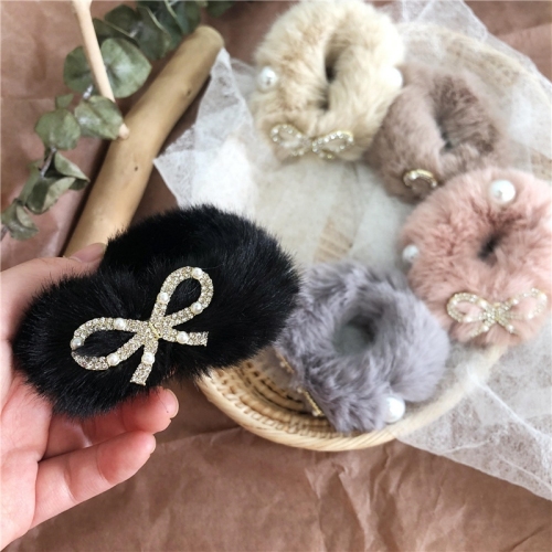 Korean Bow Czech Diamond Rabbit Fur Hair Ring Pearl Wool Back Head Ponytail Rubber Band Japan and South Korea Surrogate Shopping http：