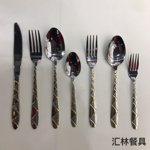 [huilin] 410 stainless steel tableware gold-plated laser polishing golden flower series knife， fork and spoon tea spoon