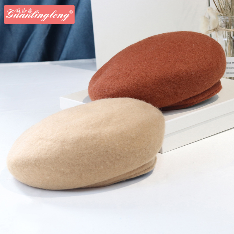 Hat Women's Autumn and Winter Wide-Brimmed Wool Beret Korean Style Versatile Knitted Pumpkin Ha