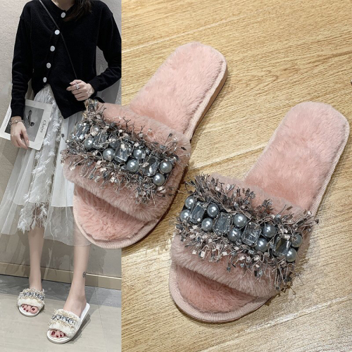 cotton slippers women‘s indoor cute korean style dormitory winter and autumn princess chanel style fashionable one-word slippers outerwear plush slippers
