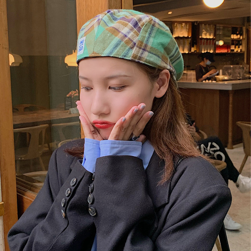 Japanese Vintage Plaid Contrast Color Advance Hats Men's and Women's Anti-Wear Letter Labe