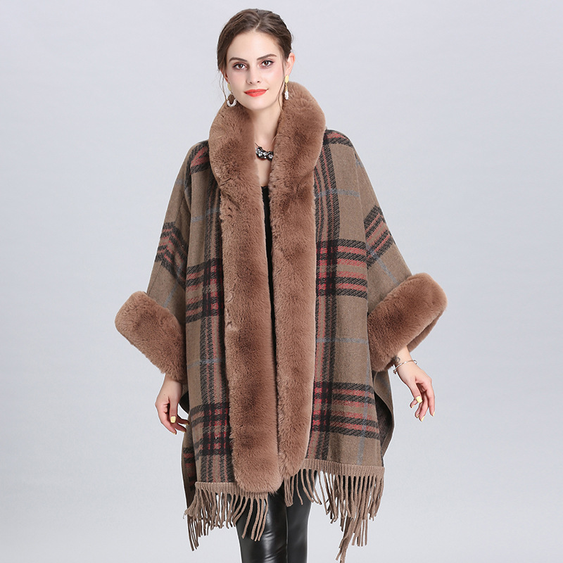 European and American Large Size Loose Fur Collar Plaid Hooded Tassel Knitted Cardigan Coat Cape and