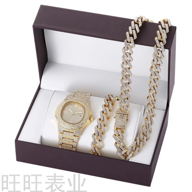 新款时尚奢华潮流气质满钻镶钻钢带石英手表+手链+项链套装