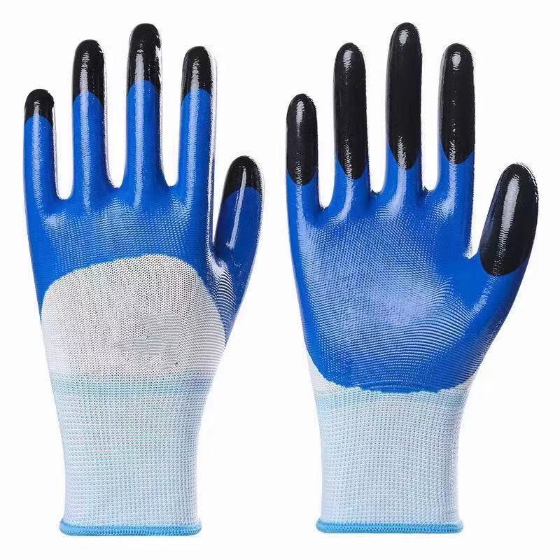 Labor Protection Gloves Factory in Stock Customized Semi-Hanging Dipped Nitrile Reinforced Finger Gl