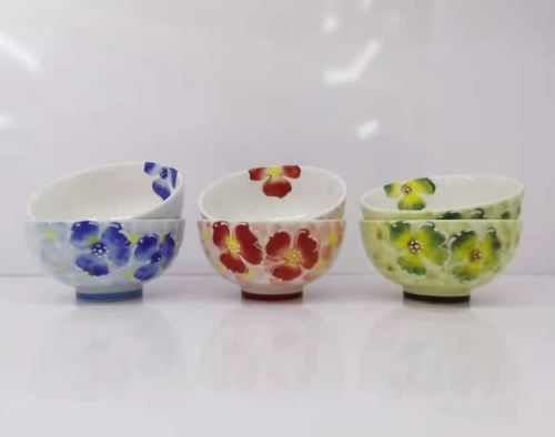 pure hand-painted flower household ceramic tableware 4.5-inch rib bowl-6 bowls （cherry blossom） gift box