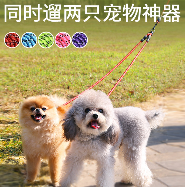 一拖二两只狗遛狗宠物用品牵引绳中大型犬反光夜光尼龙户外胸背
