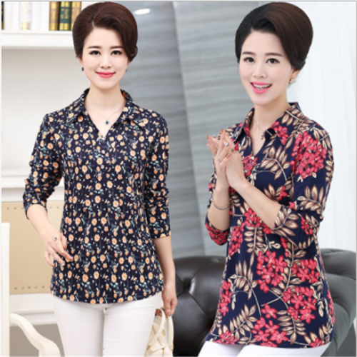 middle-aged women‘s lapel long-sleeved shirt spring and autumn new mother‘s shirt casual loose large size long-sleeved t-shirt