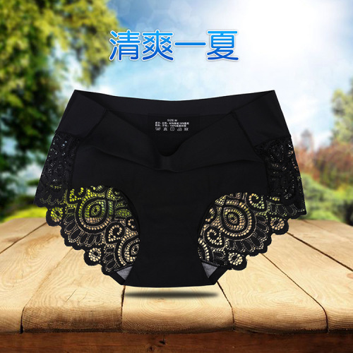 sexy lace seamless underwear women‘s ice silk briefs women‘s new transparent mid-waist underpants factory direct sales