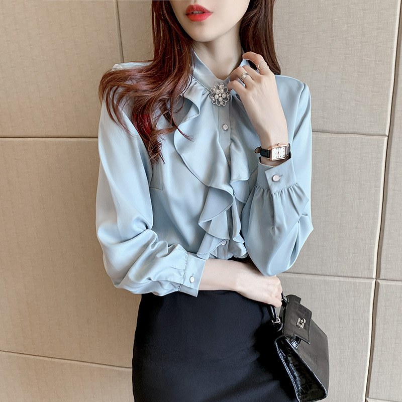 Satin Petal Collar Small Shirt Design Sense Niche Shirt Blue Shirt Shirt Women's New 2021 Sprin