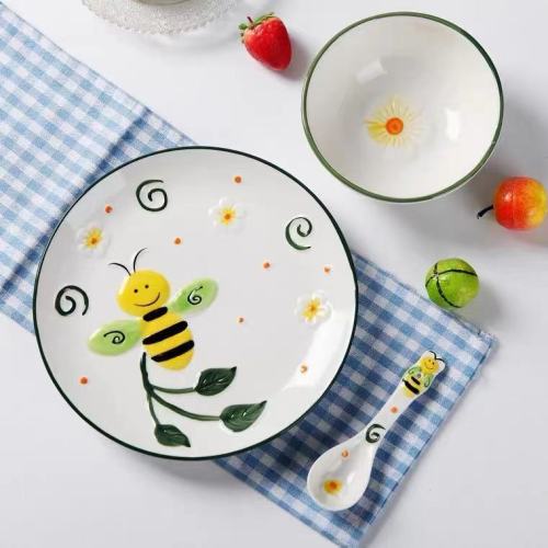 household children‘s breakfast cute hand-painted animal rice bowl noodle bowl soup bowl flat plate dish plate creative tableware set