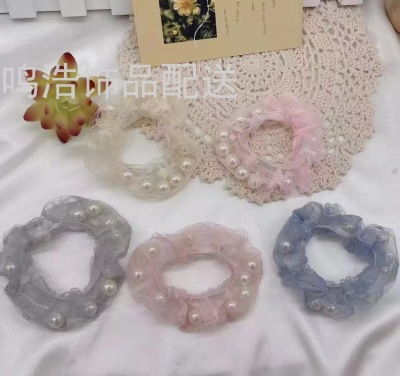  New Korean Style Organza Large Intestine Hair Ring Embroidery Small Flower Fresh Pastoral Style Simple French Elegant