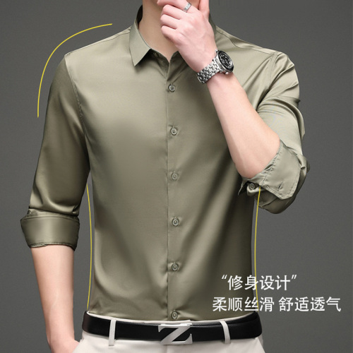 New Spring and Summer Men solid Color Shirt Non-Ironing Anti-Wrinkle Season Men‘s Business Slim Casual Stretch Long Sleeve Shirt 
