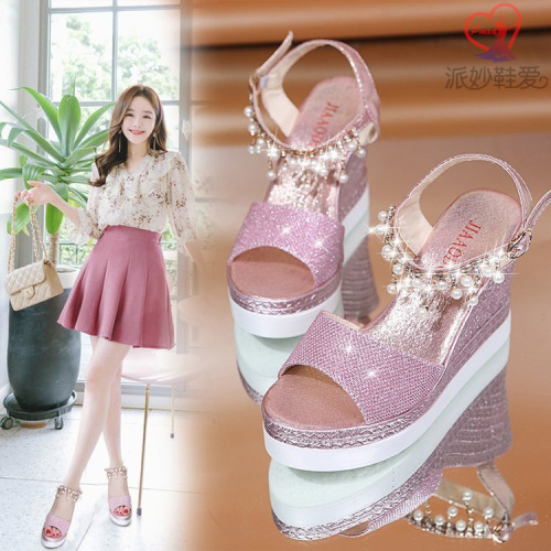 women‘s fashion sandals open toe wedge rhinestone lady style high heels solid color single-layer shoes for women