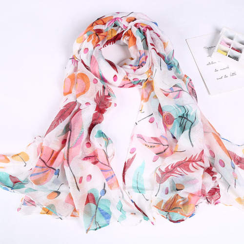 New Voile Feather Print Spring and Summer Leisure Women Scarf Shawl Bandana Factory Direct Sales in Stock