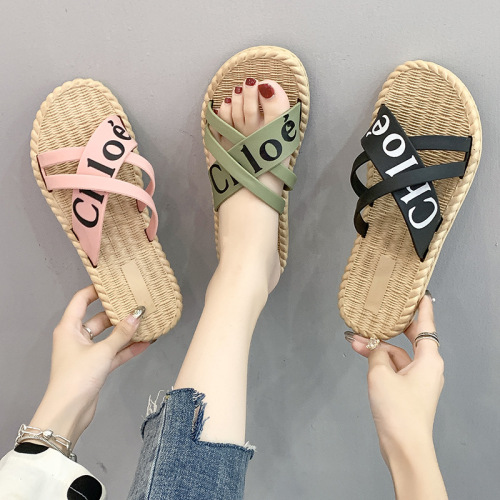 women‘s slippers summer beach 2021 cross bear flat bottom fashion casual slippers