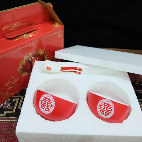 wedding gift box matte red ceramic bowl spoon wedding banquet festive bowl mail order set korean style yuanxi rice bowl