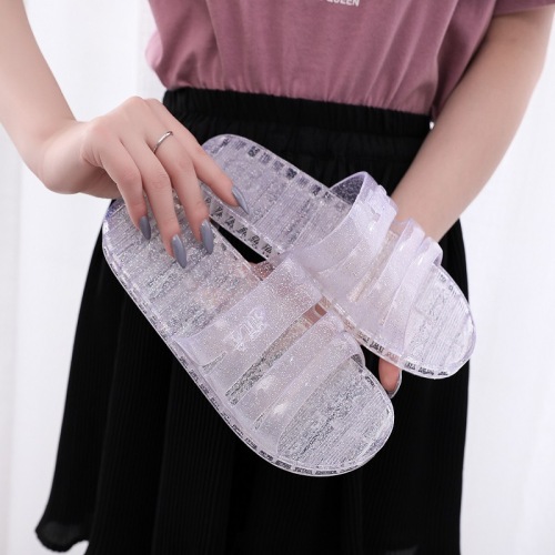 crystal flat heel flat slippers women‘s summer shiny transparent bathroom bath home home outdoor plastic slippers