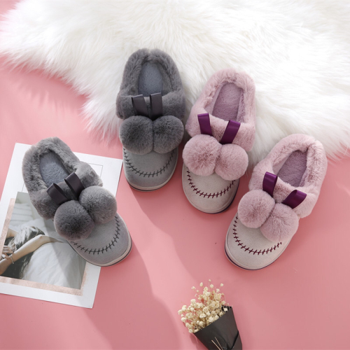 new autumn and winter thick-soled cotton slippers women‘s closed toe women‘s fur ball shoes non-slip outer wear confinement shoes foreign trade hot