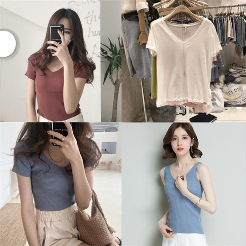 women‘s clothing knitted short-sleeved shirt stock spring and autumn casual knitwear women‘s t-shirt pullover loose bottoming shirt tail goods wholesale