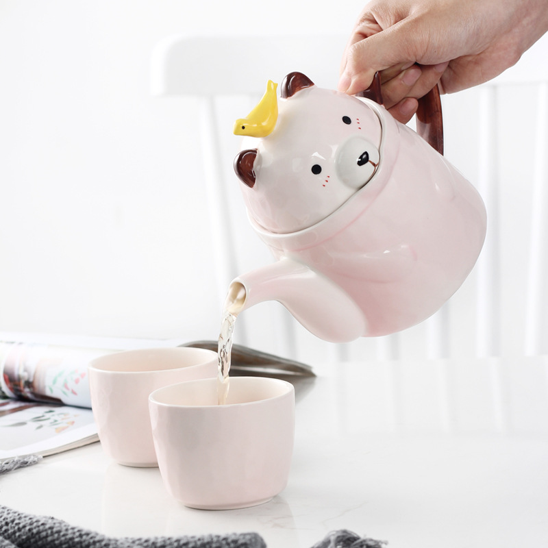 Wooden Bear Ceramic Teapot Set Creative Cartoon Mug Five-Piece Tea Set Coffee Kettle One Pot Four Cu