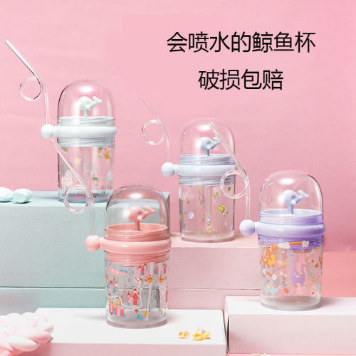 Douyin Net Red Whale Water Spray Cup Summer Children‘s Plastic Straw Water Cup Drop-Resistant Whale Cup for Toddler Students