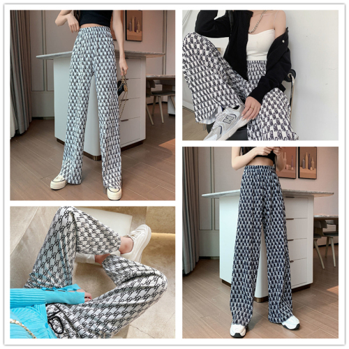 21 Summer and Autumn New Hong Kong Style Printed Ice Silk Wide-Leg Pants Internet Celebrity Straight High Waist Pants Women‘s Fashionable Slimming Casual Pants Flat