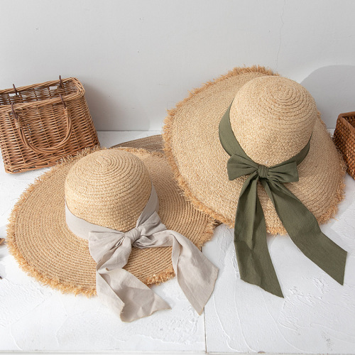Cross-Border Amazon Straw Hat Lafite Straw Hat Summer Women‘s Straw Hat Bow Patch Ribbon Hat Beach travel