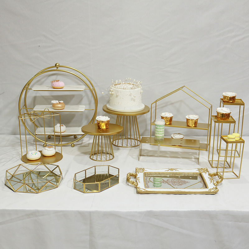 European-Style Wedding Dessert Table Cake Stand Embossed Mirror Tray Wedding Golden Dessert Stand Af