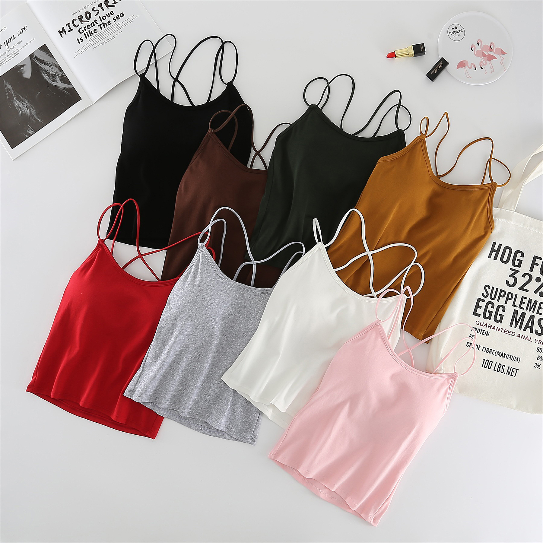 Threaded Cotton Mid-Length Beauty Back Cross Spaghetti Straps Chest Wrap Vest Bottoming Underwear An