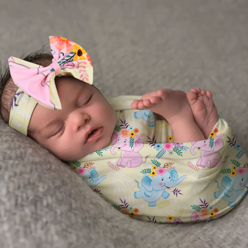 European and American Baby Wrap Cloth Newborn Bow Hair Band Wrap Towel Set Cartoon Printing Wrap Blanket Photo Props